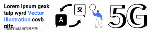 Person holding balloon beside translation icons and 5G text, emphasizing digital connection. Ideal for communication, technology, networking, speed, language, innovation, simple landing page