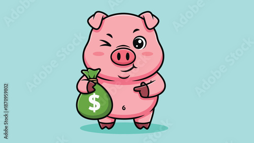 Cute Piggy Bank Winking Holding Money Bag.