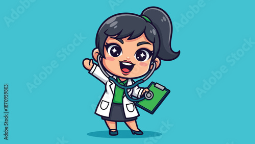 Cute Female Doctor Waving Hand Cartoon Illustration.