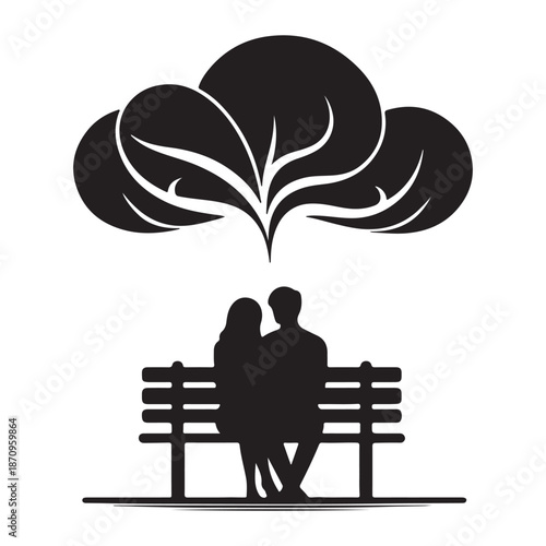 A loving couple finds solace and peace together on a park bench beneath a stylized tree canopy