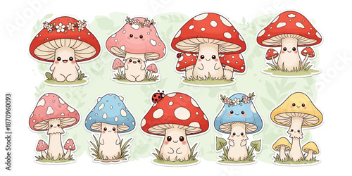 Cute Kawaii Mushrooms Illustration Set Fairy Amanita, Forest Fungi Characters, Whimsical Design