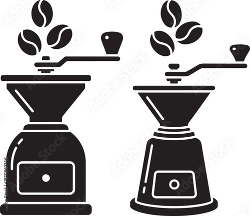 Manual coffee grinder silhouette icons with flying coffee beans, vintage style vector illustration for cafe branding and coffee lovers theme.