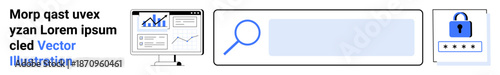 Data security, analytics, web functionality, information search, user authentication, technology. Monitor with charts, search icon and lock with password field. Data security and analytics concept