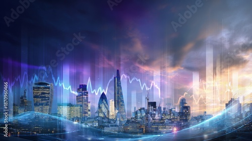 A city skyline with a dark blue sky and a few clouds