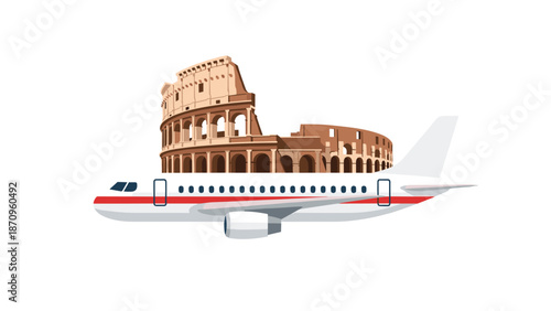 Creative illustration of a passenger airplane with the iconic Roman Colosseum merged onto its body, symbolizing international travel and tourism to Italy.
