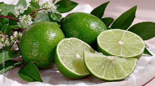 Juicy and fresh green lime whole and cut slices with leaves and twigs. Ripe limes.