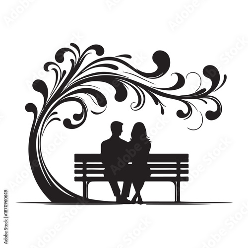 A romantic silhouette of a couple sitting on a park bench under a decorative tree