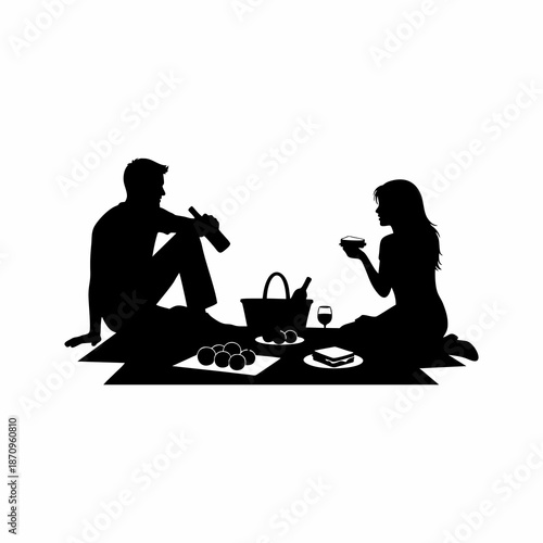 vector silhouette of man and woman having picnic isolated on white background