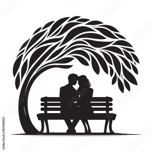 Romantic silhouette of a loving couple sitting closely on a park bench beneath a large tree