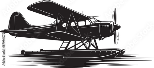 Vintage seaplane aircraft silhouette floating on water surface art
