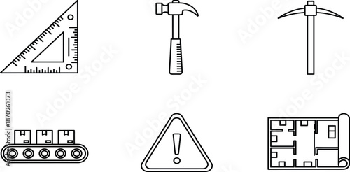 Construction Tools Line Icon Set Featuring Triangle Ruler, Hammer, Pickaxe, Conveyor Belt, Warning Sign, And Blueprint Plan Illustrations For Architecture