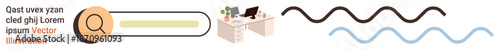 Digital tools, workflow aesthetics, online research, data visualization, workspace organization, creative process. Search bar with a desk and computer, wavy abstract lines. Digital tools and online