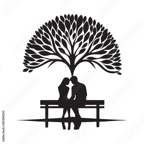 A romantic silhouette of a couple sitting intimately under a vibrant tree of life