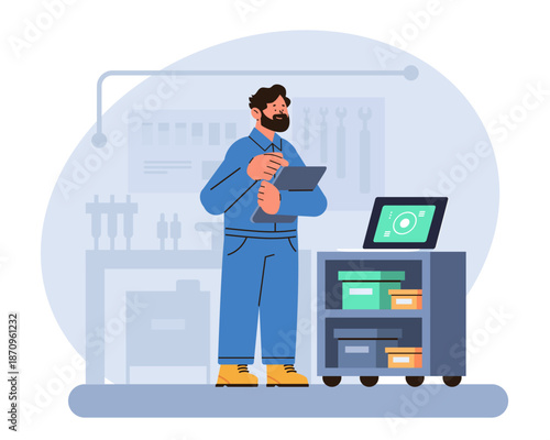 Mechanic engineer technician digital tablet workshop tools equipment shelves computer modern workspace blue tones