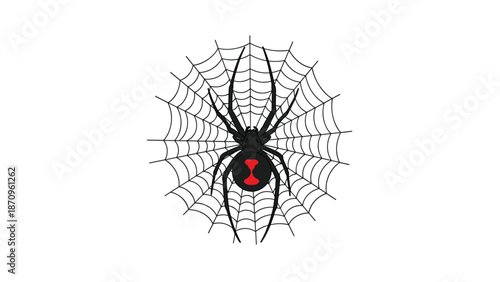 Detailed illustration of a menacing black widow spider with its distinctive red hourglass mark, perfectly centered on an intricate, circular spiderweb.
