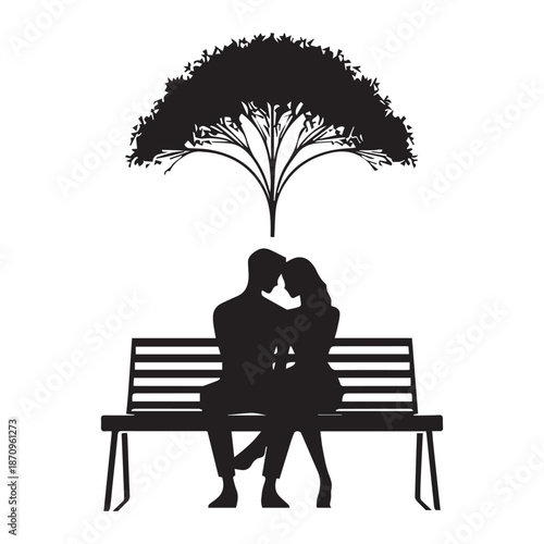 A loving couple's intimate moment under a beautiful tree silhouette on a serene bench