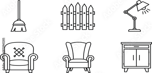 Minimalist Furniture And Home Decor Line Icon Set Featuring Pendant Lamp, Desk Light, Garden Fence, Sofa, Armchair, And Cabinet