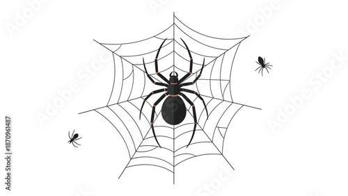 Central black spider resting on a delicate, intricate spiderweb, accompanied by two smaller spiders, depicted with a clean, minimalist outlined style.