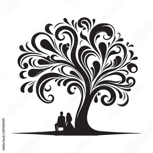 A loving couple sits beneath a beautifully stylized tree, symbolizing enduring affection and nature's embrace