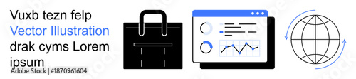 Business solutions, workflow automation, global trade, data analysis, professional tools, information exchange. Briefcase, data dashboard globe icon. Workflow automation and global trade concept