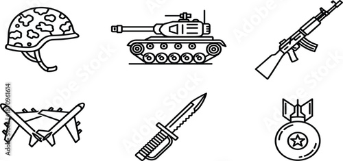 Military and Army Line Art Icon Set Featuring Soldier Helmet Battle Tank Assault Rifle Jet Fighter Combat Knife and War Medal