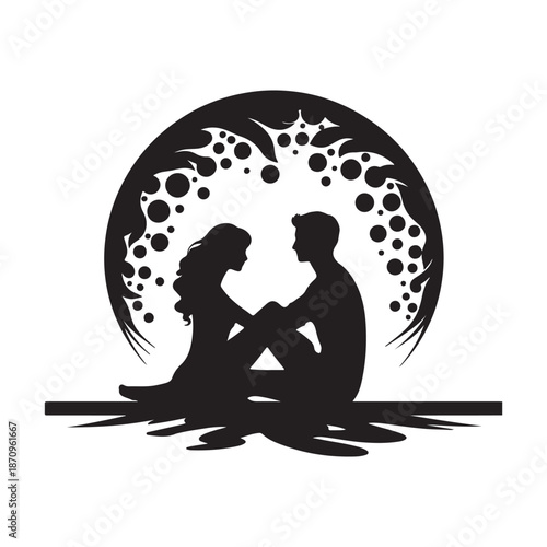 Romantic silhouette of a couple sharing an intimate moment under a decorative circular design
