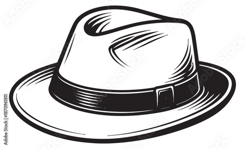 Hand drawn illustration of a classic fedora hat depicting a retro accessory for clothing and costume designs
