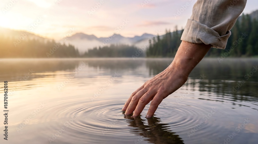 Fototapeta premium A person's hand touching the calm lake water at sunrise with mountains in the background