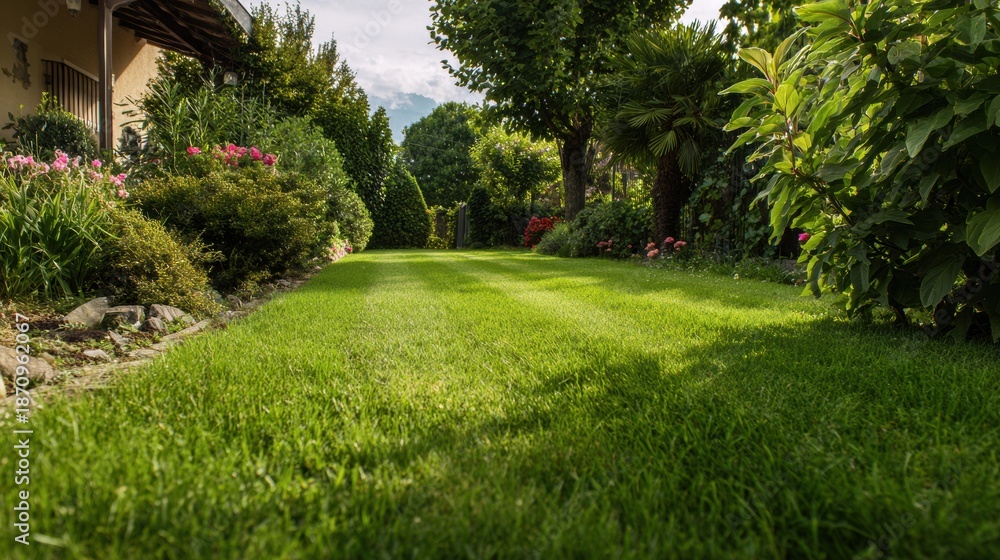 Fototapeta premium Transformation From Overgrown Lawn to Expertly Striped Green Grass Showcasing Yard Maintenance Service With Authentic Landscaping Techniques