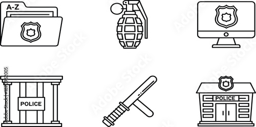 Media and technology icon set featuring newspaper, target symbol, walkie talkie, computer mouse, desktop monitor, and keyboard in thin line style.