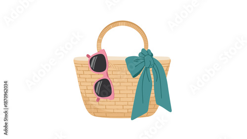 Fashionable woven straw bag paired with vibrant pink sunglasses and a stylish turquoise scarf tied to its handle, ideal for a chic summer look.