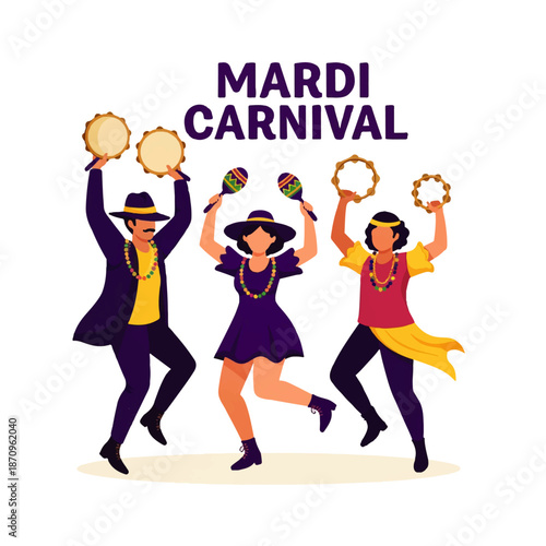 Three lively people celebrate Mardi Gras Carnival with music and dance, wearing festive costumes and playing instruments like tambourines and maracas.