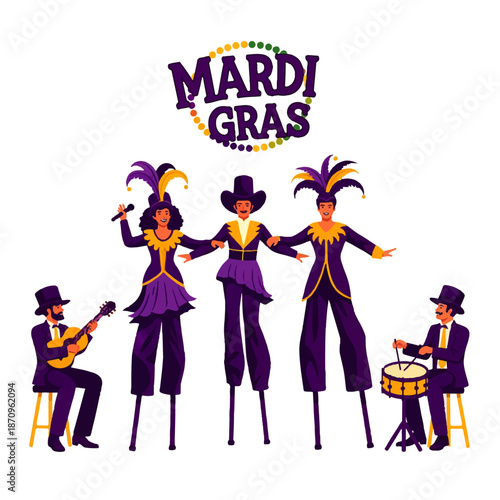 Festive Mardi Gras celebration with performers on stilts, a singer, guitarist, and drummer. Vibrant illustration capturing the spirit of carnival and music.