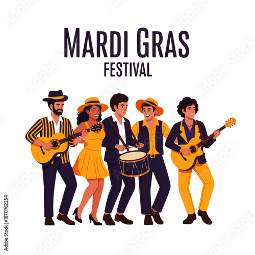 A lively group of musicians celebrating Mardi Gras, playing guitars and drums in festive yellow and blue attire, embodying the spirit of the vibrant festival.
