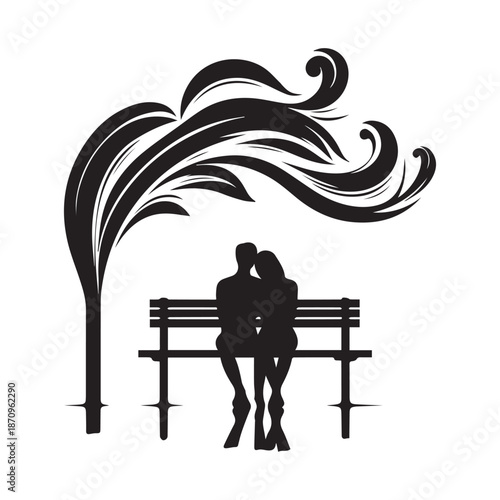 A romantic silhouette of a couple sitting intimately on a bench beneath a decorative canopy