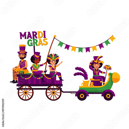 Vibrant illustration of a Mardi Gras celebration with people in traditional costumes riding on festive floats, adorned with beads and banners.