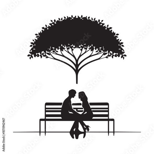 A romantic silhouette of a couple sharing an intimate moment on a park bench under a beautiful tree