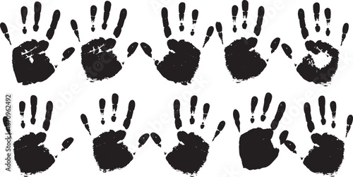 Human handprint pattern set of ten black ink palm and finger prints