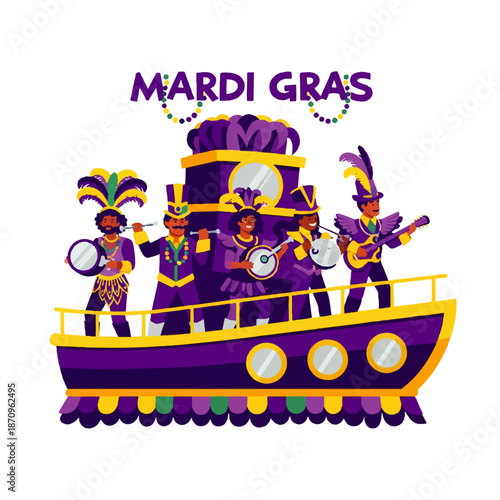 Vibrant Mardi Gras parade float with diverse musicians in festive costumes playing instruments like drums, banjo, and guitar, celebrating the carnival with traditional purple, green, and gold colors.