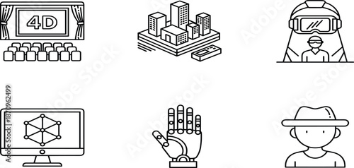 Virtual reality and future technology icons set featuring 4D cinema, digital city modeling, VR headset, 3D simulation, robotic hand and character.
