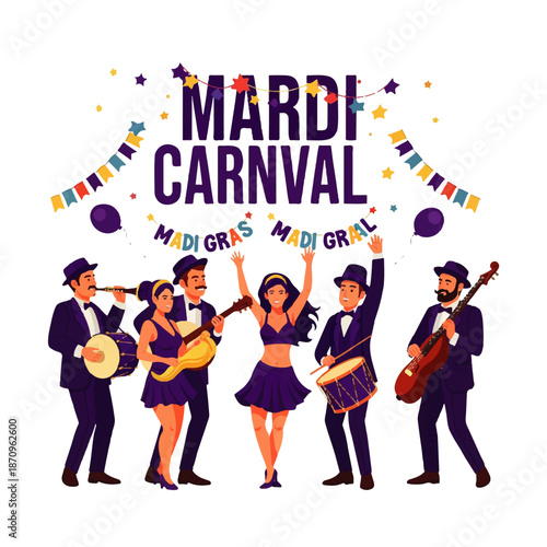 A lively illustration of a Mardi Gras Carnaval celebration with a band playing instruments and a dancer, surrounded by festive decorations like banners, stars, and balloons.