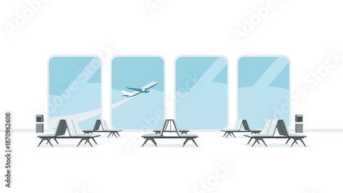 Serene empty airport waiting lounge featuring multiple rows of chairs and expansive windows, offering a clear view of an airplane taking off.