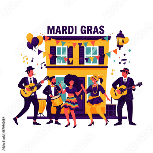 A vibrant flat illustration depicting a lively Mardi Gras celebration with people dancing and playing music in front of a decorated building, featuring balloons and festive bunting.