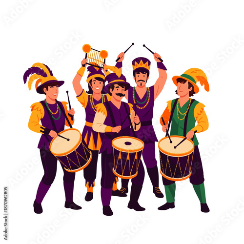 Joyful musicians in colorful, feathered costumes playing drums and a lyre, bringing festive energy to a parade or celebration.