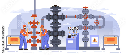 Oil rig workers maintenance industrial equipment teamwork safety pipes gauges control panel factory background flat design