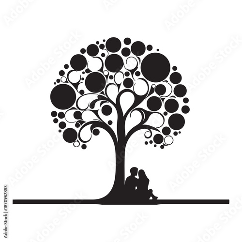 A romantic couple finding solace under a whimsical tree with a unique design