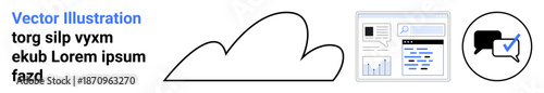 Cloud computing, data analysis, digital communication, online collaboration, information sharing, business tools. Minimalist cloud icon, analytics dashboard, and chat symbol with verified checkmark