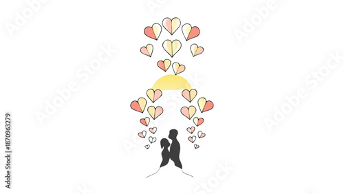 Loving couple silhouette with heart balloons at sunset