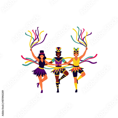 Three joyful people in vibrant carnival costumes dancing with colorful ribbons, celebrating a festive event with happiness and energy.