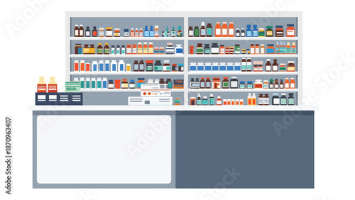 Full color illustration of a modern pharmacy interior with organized shelves displaying various medications, vitamins, and healthcare products, ready for customers.